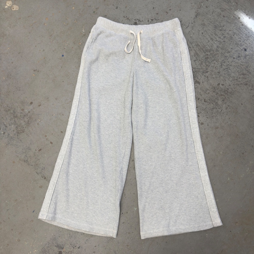Aerie Essential Waffle Trouser Pants Heather Gray Wide Leg Pockets Large Regular
